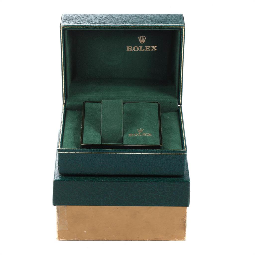 The image shows an open Rolex Vintage Collection 5513 Men's Stainless Steel Black Dial 5513 Men's Stainless Steel Black Dial watch box from a front angle, revealing the interior cushion and lining.