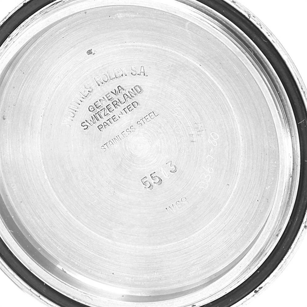 This is an interior view of the case back from a Rolex Vintage Collection 5513 Men's Stainless Steel Black Dial 5513 Men's Stainless Steel Black Dial model.