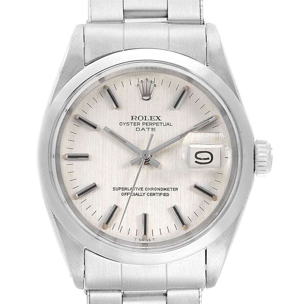 The image shows a front view of the Rolex Vintage Collection 1500 Men's Stainless Steel Silver Dial 1500 Men's Stainless Steel Silver Dial Oyster Perpetual Date watch, highlighting its dial, crown, and bracelet.