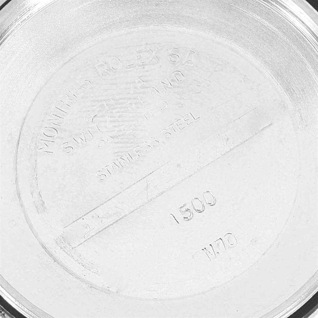 The image shows the engraved inner case back of a Rolex Vintage Collection 1500 Men's Stainless Steel Silver Dial 1500 Men's Stainless Steel Silver Dial model watch.