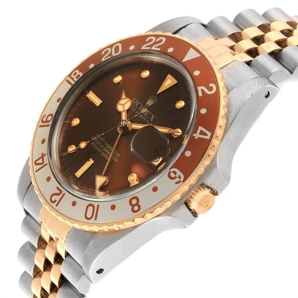This image features a Rolex Vintage Collection 16753 Men's Stainless Steel Brown Dial 16753 Men's Stainless Steel Brown Dial model, showcasing its bezel, dial, and part of the bracelet at an angle.
