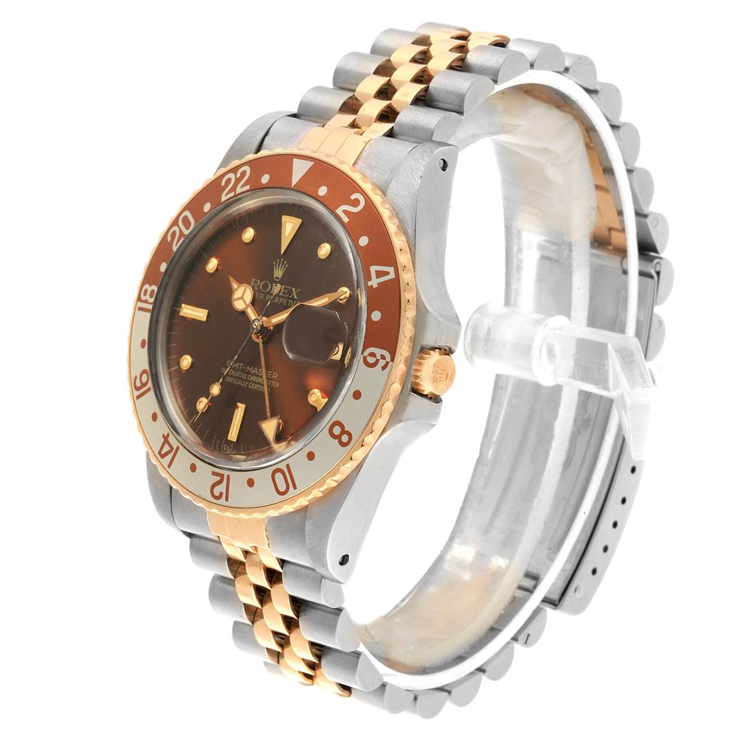 The image shows a side-angle view of a Rolex Vintage Collection 16753 Men's Stainless Steel Brown Dial 16753 Men's Stainless Steel Brown Dial watch, highlighting its bezel, dial, and two-tone bracelet.