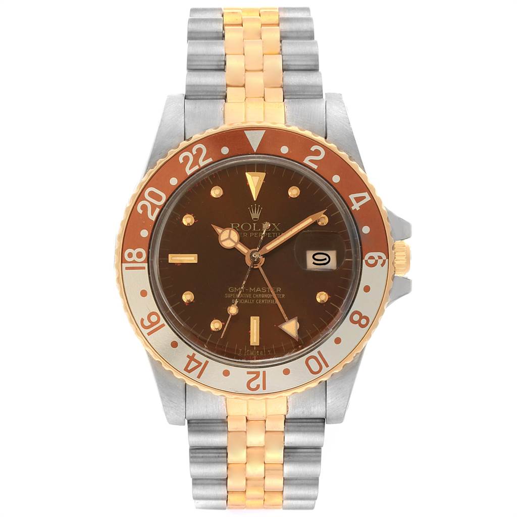 The Rolex Vintage Collection 16753 Men's Stainless Steel Brown Dial 16753 Men's Stainless Steel Brown Dial watch is shown from a front angle, displaying its face, bezel, hands, and bracelet.
