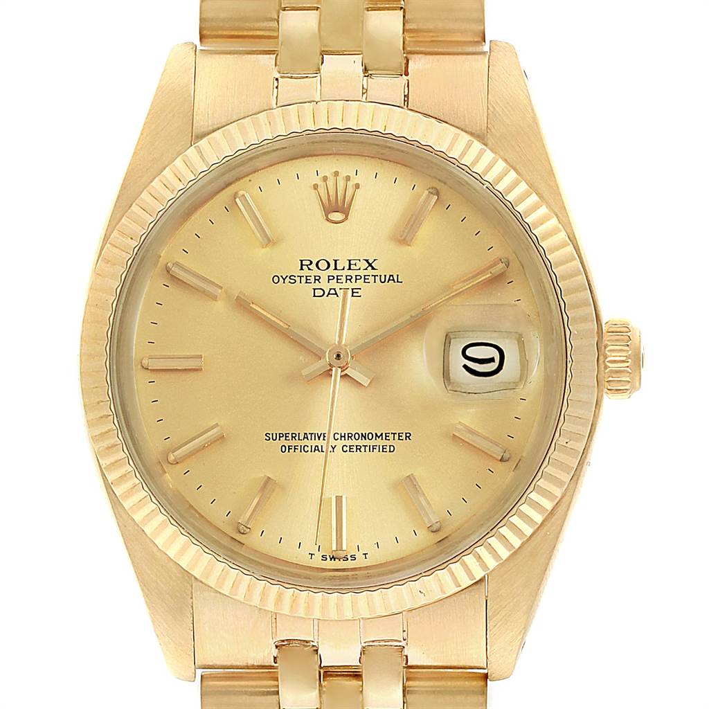 This image shows a frontal view of a Rolex Vintage Collection 1503 Men
s Yellow Gold Champagne Dial 1503 Men
s Yellow Gold Champagne Dial model watch, highlighting its dial, bezel, and bracelet.
