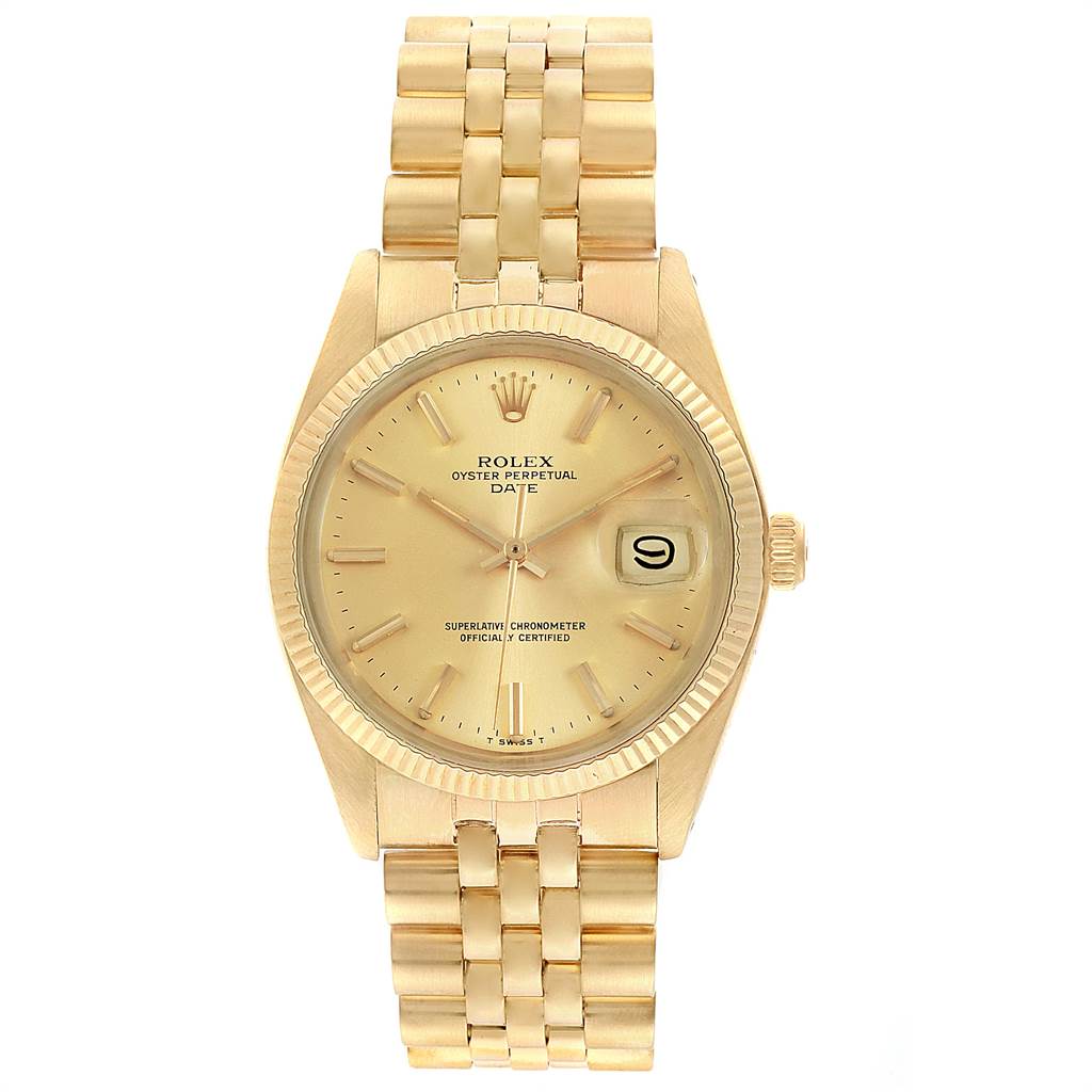 The image shows a front view of a Rolex Vintage Collection 1503 Men
s Yellow Gold Champagne Dial 1503 Men
s Yellow Gold Champagne Dial Oyster Perpetual Date watch with a gold dial and bracelet.