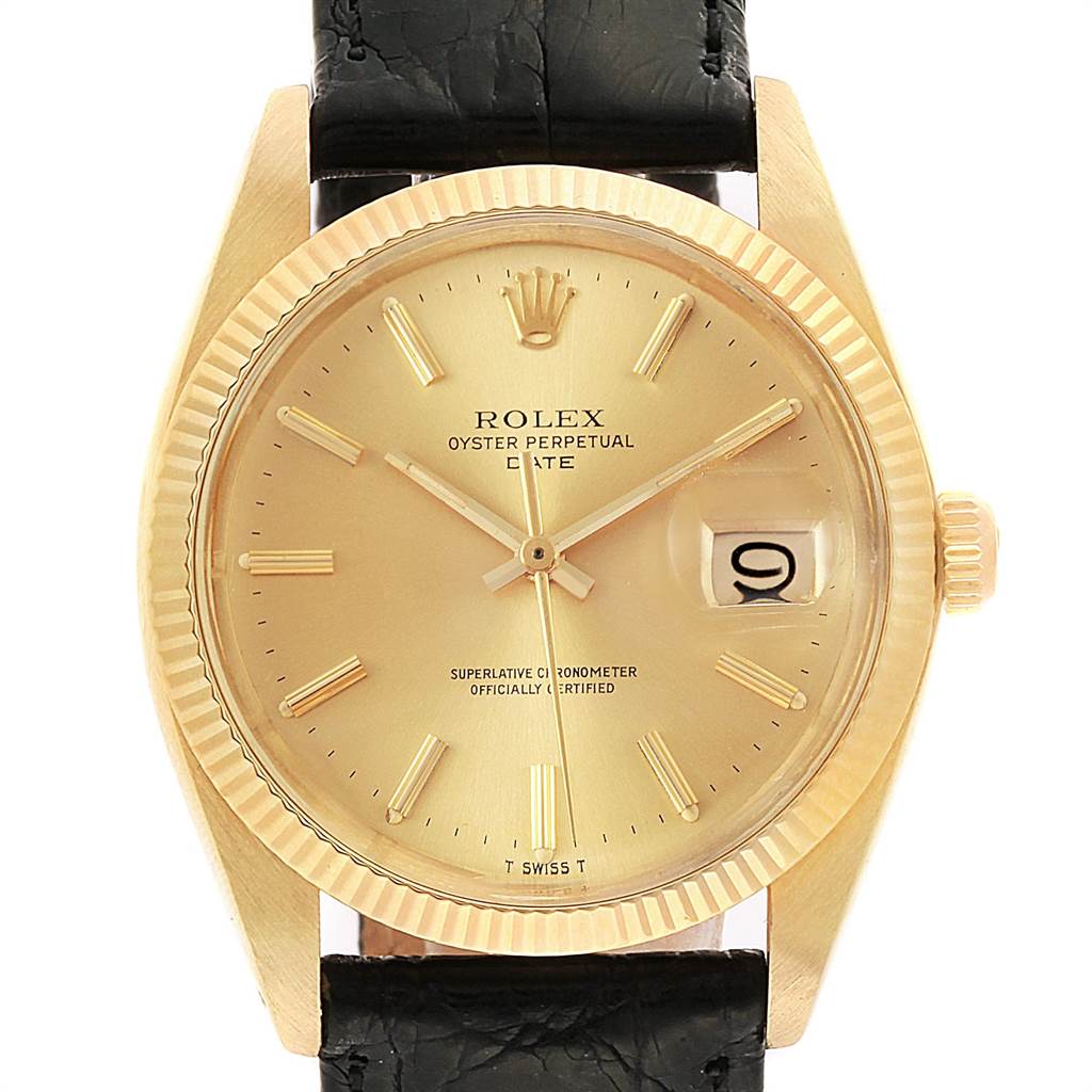 This image shows the front view of a Vintage Collection Rolex Oyster Perpetual Date watch, displaying its dial, hands, and date window.