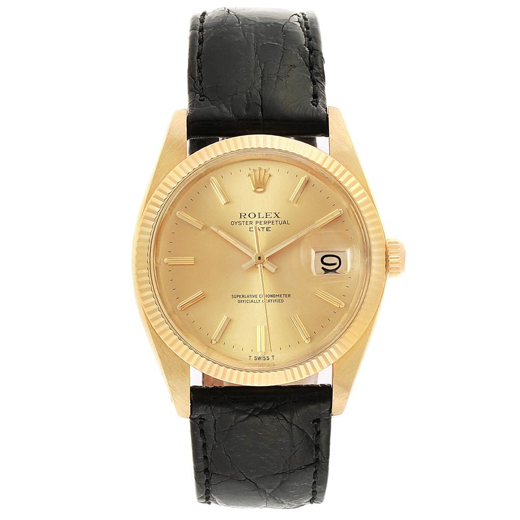 The Rolex Vintage Collection 1503 Men
s Yellow Gold Champagne Dial 1503 Men
s Yellow Gold Champagne Dial watch is shown from a front view, highlighting its gold face, black leather strap, and date display.