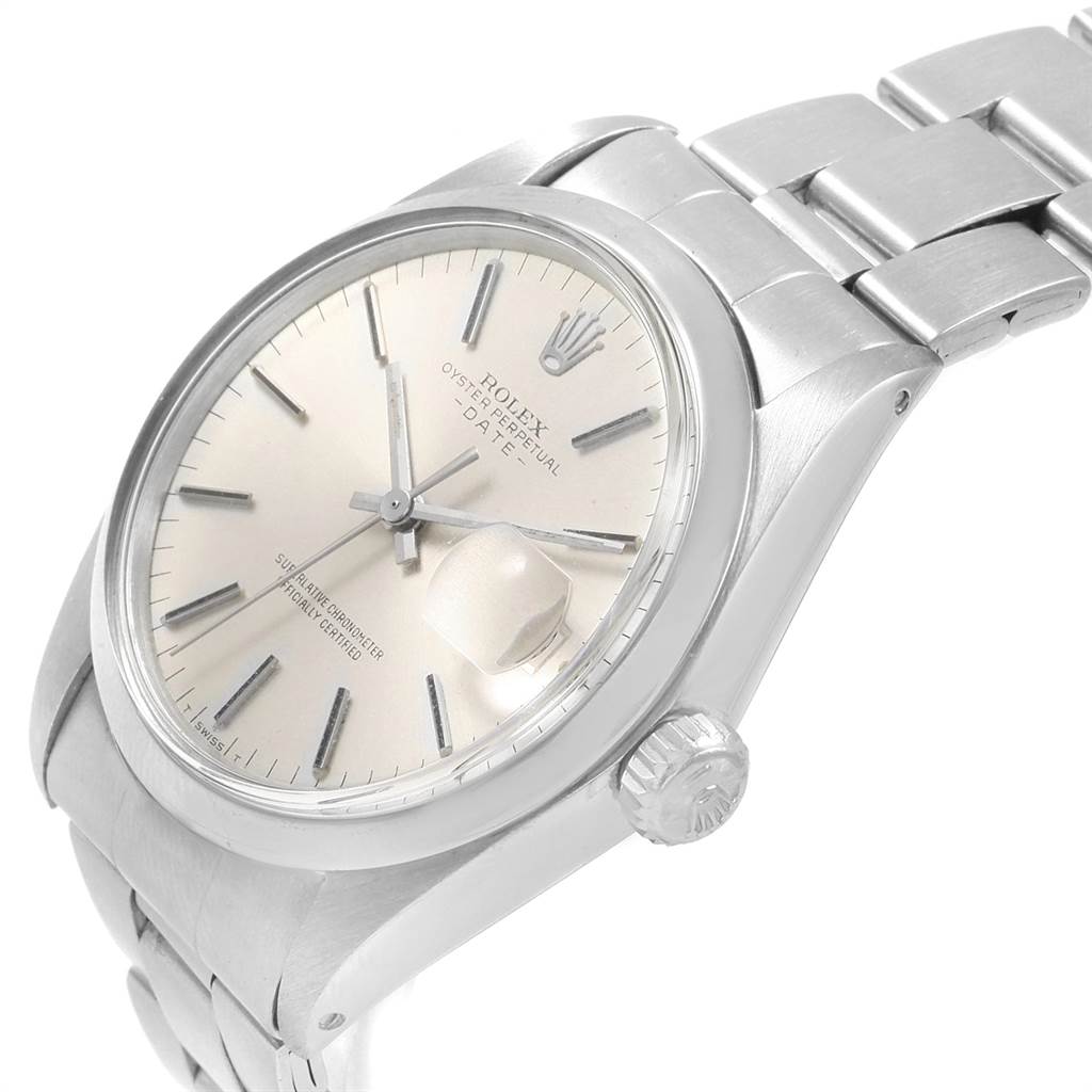 The image shows a Rolex Vintage Collection 1500 Men's Stainless Steel Silver Dial 1500 Men's Stainless Steel Silver Dial model watch viewed at an angle highlighting the dial, bezel, crown, and part of the bracelet.