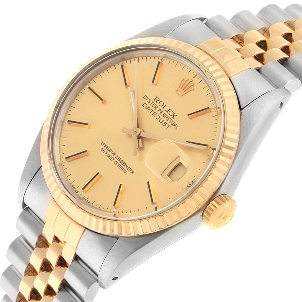 The Rolex Vintage Collection 16013 Men's Stainless Steel Champagne Dial 16013 Men's Stainless Steel Champagne Dial watch is shown at an angled close-up, highlighting the dial, fluted bezel, crown, and two-tone bracelet.
