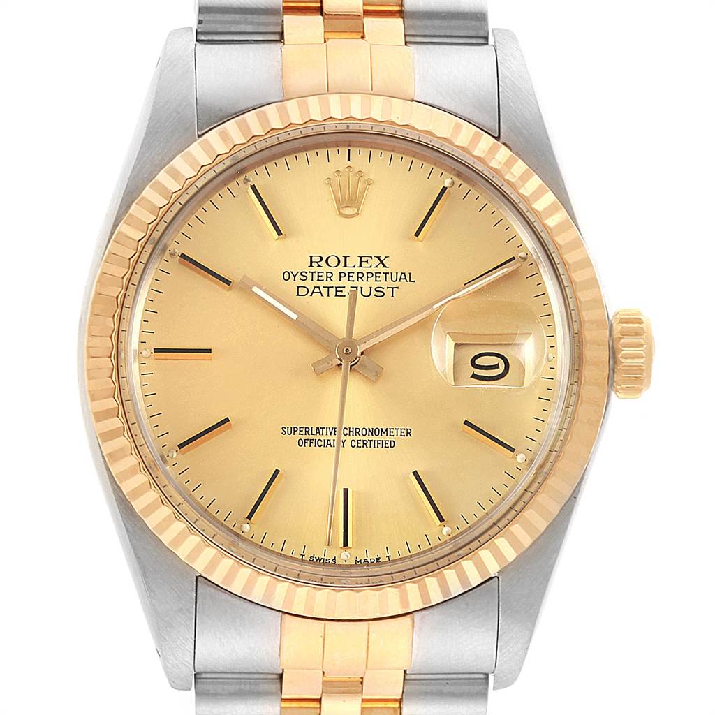 The image shows a front view of a Rolex Vintage Collection 16013 Men's Stainless Steel Champagne Dial 16013 Men's Stainless Steel Champagne Dial Datejust watch, displaying the face, bezel, crown, and part of the bracelet.