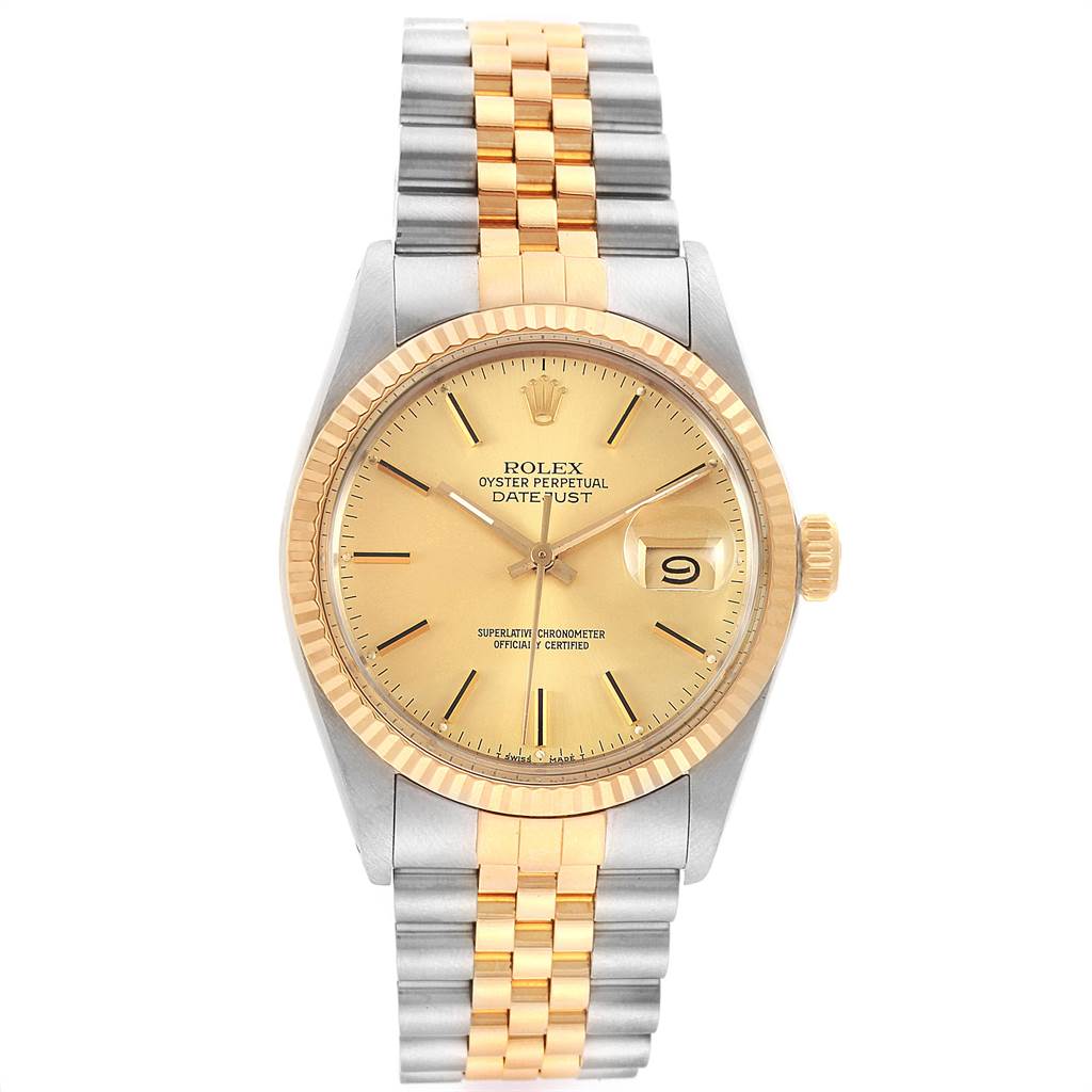 This image shows a front view of the Rolex Vintage Collection 16013 Men's Stainless Steel Champagne Dial 16013 Men's Stainless Steel Champagne Dial Oyster Perpetual Datejust watch, featuring a gold dial and two-tone bracelet.