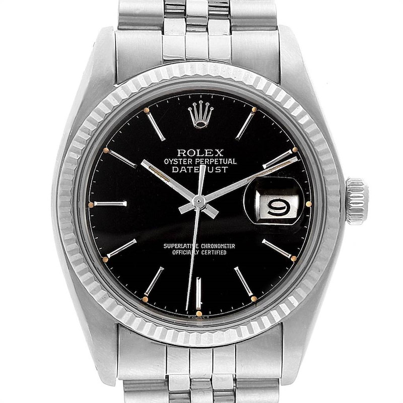Rolex Datejust Vintage Steel White Gold Black Dial Mens Watch 16014 SwissWatchExpo