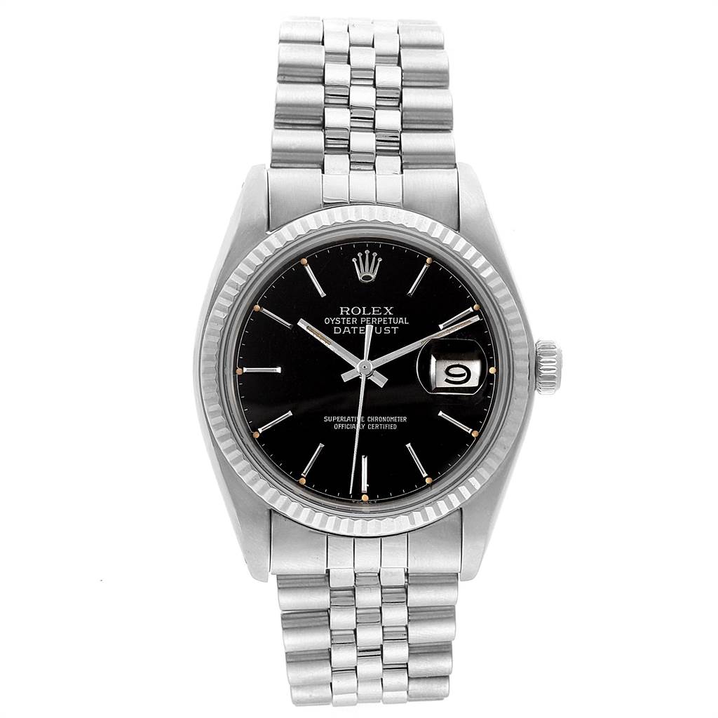 The image shows a Rolex Vintage Collection 16014 Men's Stainless Steel Black Dial 16014 Men's Stainless Steel Black Dial Datejust watch from a front angle, displaying its black dial, stainless steel case, and bracelet.