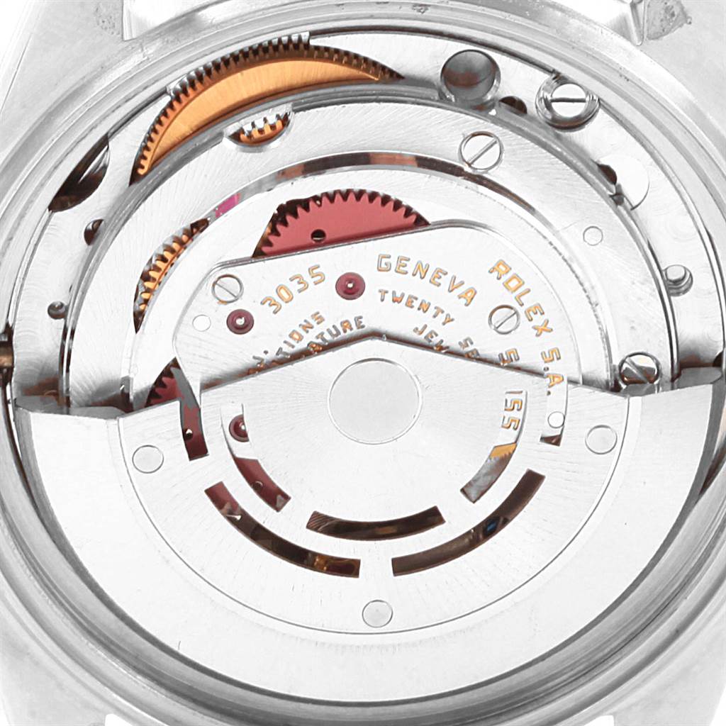 This image shows the intricate movement mechanism of a Rolex Vintage Collection 16030 Men's Stainless Steel Grey Dial 16030 Men's Stainless Steel Grey Dial watch from the back.