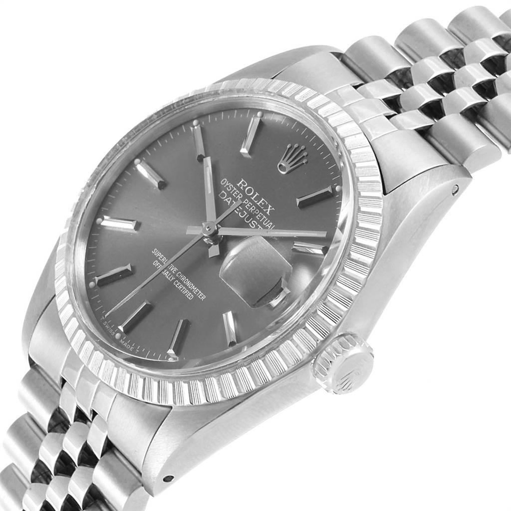 The image shows a side and partial front angle of the Rolex Vintage Collection 16030 Men's Stainless Steel Grey Dial 16030 Men's Stainless Steel Grey Dial watch, highlighting the dial, bezel, crown, and bracelet.