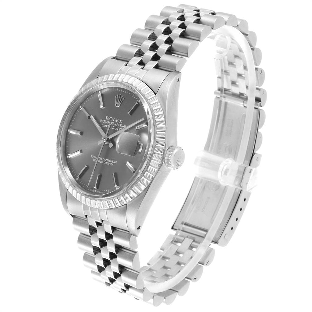 A Rolex Vintage Collection 16030 Men's Stainless Steel Grey Dial 16030 Men's Stainless Steel Grey Dial watch is shown at an angle displaying the face, bezel, crown, and bracelet.