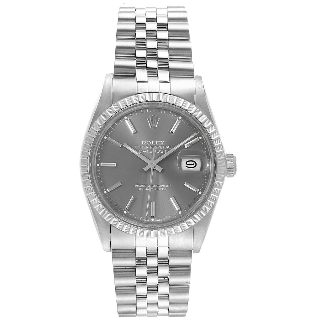 The Rolex Vintage Collection 16030 Men's Stainless Steel Grey Dial 16030 Men's Stainless Steel Grey Dial Datejust is shown from a front view, featuring its silver dial, fluted bezel, and Jubilee bracelet.