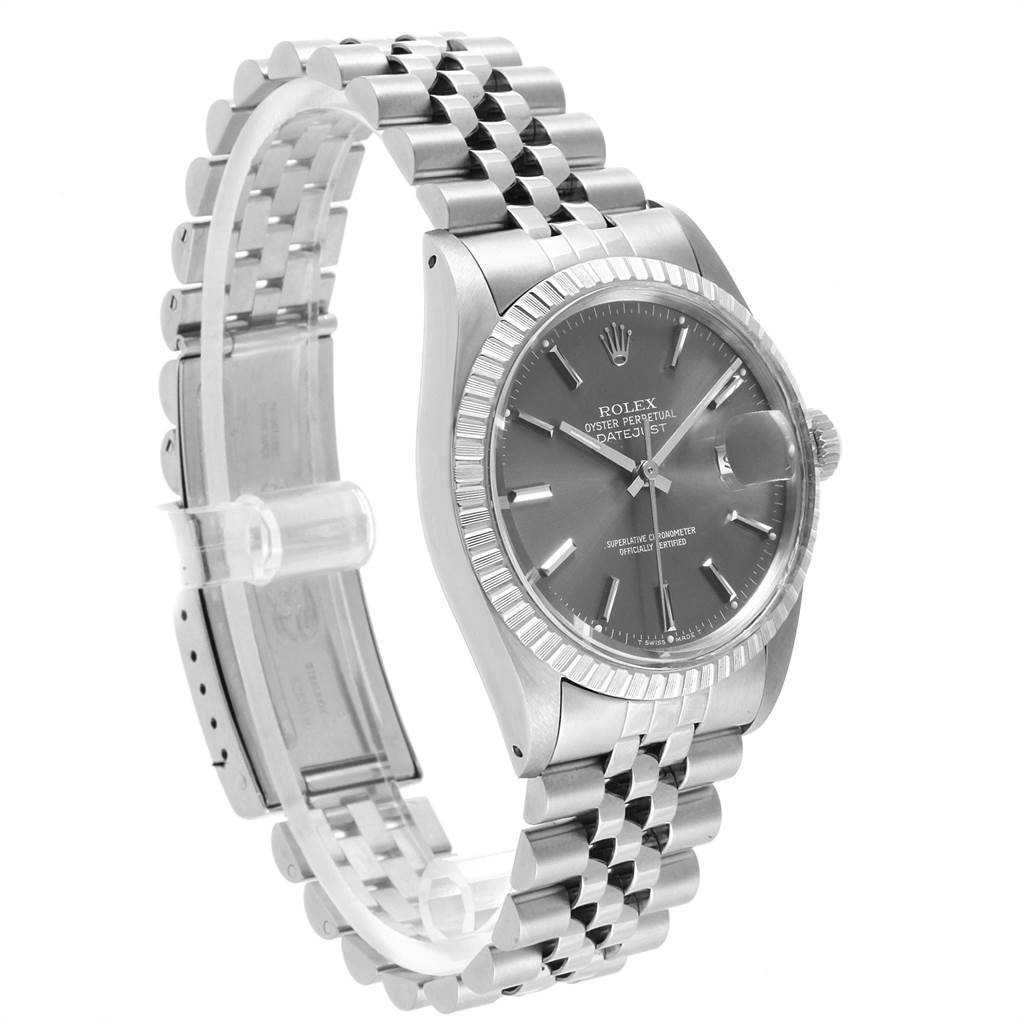 The image shows a Rolex Vintage Collection 16030 Men's Stainless Steel Grey Dial 16030 Men's Stainless Steel Grey Dial watch at an angle displaying its face, bezel, and bracelet.