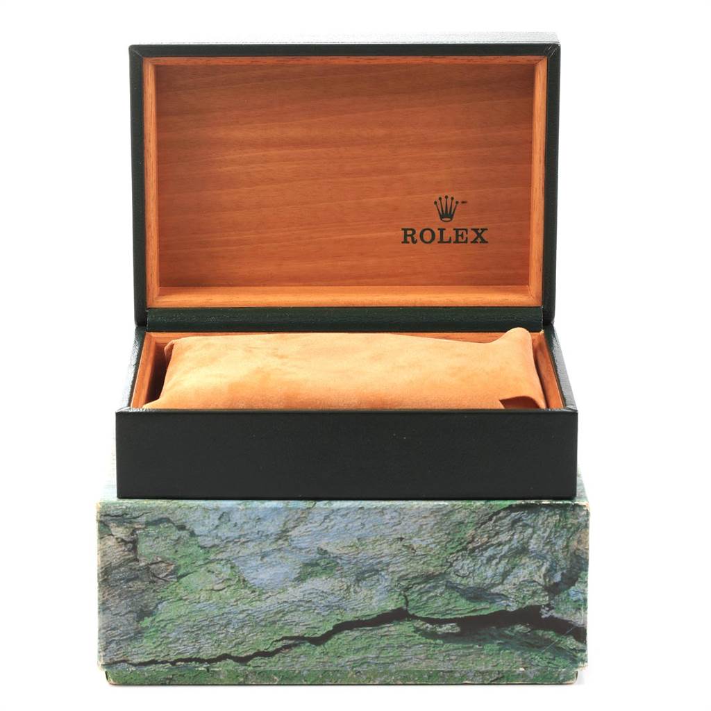 The image shows an open, empty Rolex Vintage Collection 16030 Men's Stainless Steel Grey Dial 16030 Men's Stainless Steel Grey Dial watch box with a cushion inside from a front angle.