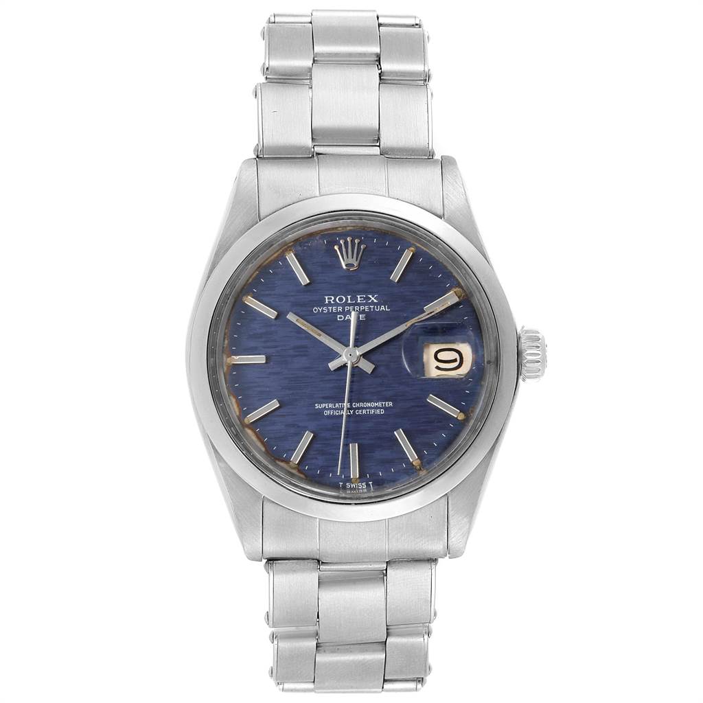 The image shows a frontal view of a Rolex Vintage Collection 1500 Men's Stainless Steel Blue Dial 1500 Men's Stainless Steel Blue Dial Oyster Perpetual Date watch.