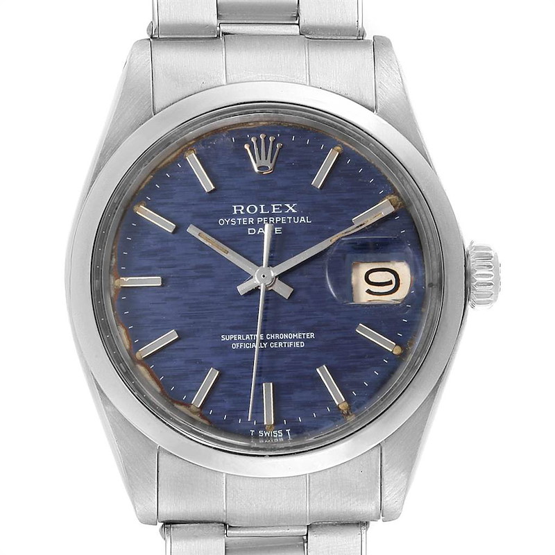 Rolex Date Blue Brick Dial Domed Bezel Steel Vintage Mens Watch 1500 SwissWatchExpo
