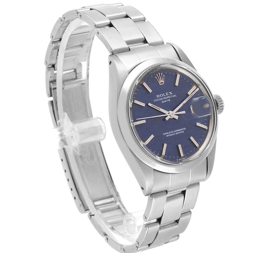 The image shows a Rolex Vintage Collection 1500 Men's Stainless Steel Blue Dial 1500 Men's Stainless Steel Blue Dial model watch at a three-quarter angle, featuring the dial, bezel, case, and bracelet.