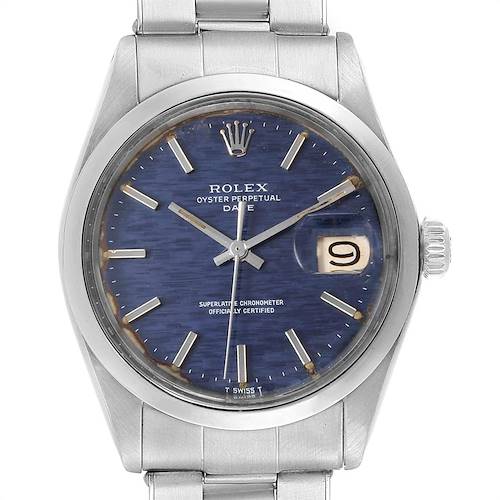 Photo of Rolex Date Blue Brick Dial Domed Bezel Steel Vintage Mens Watch 1500