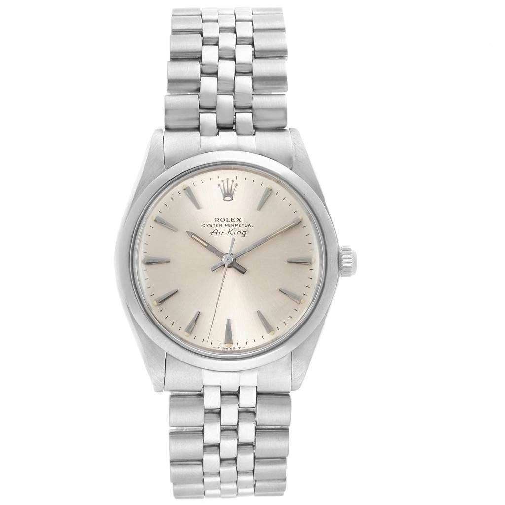 The image shows a frontal view of the Rolex Vintage Collection 5500 Men's Stainless Steel Silver Dial 5500 Men's Stainless Steel Silver Dial Air-King model, displaying the watch face and bracelet.
