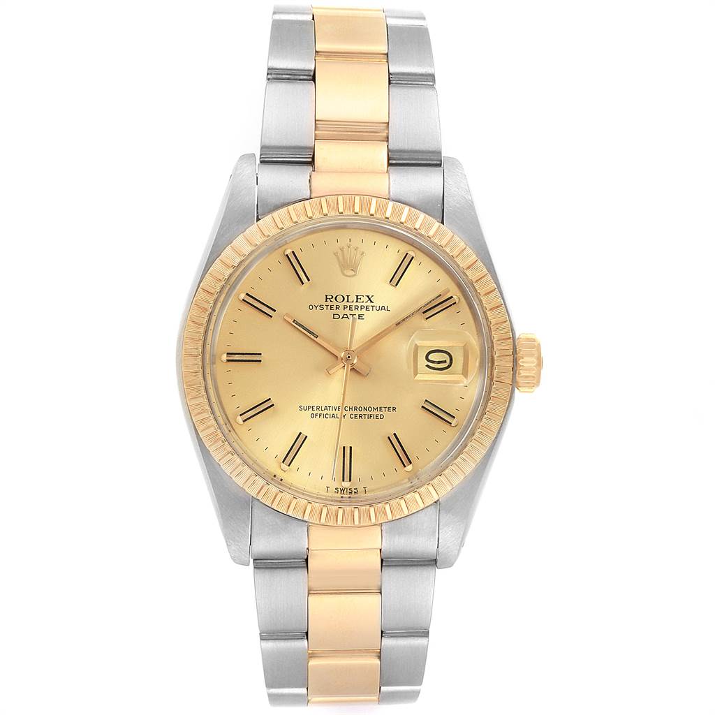 The image shows a straight-on view of a Rolex Vintage Collection 1505 Men
s Steel and Gold (two tone) Champagne Dial 1505 Men
s Steel and Gold (two tone) Champagne Dial Oyster Perpetual Date watch highlighting the dial and bracelet.