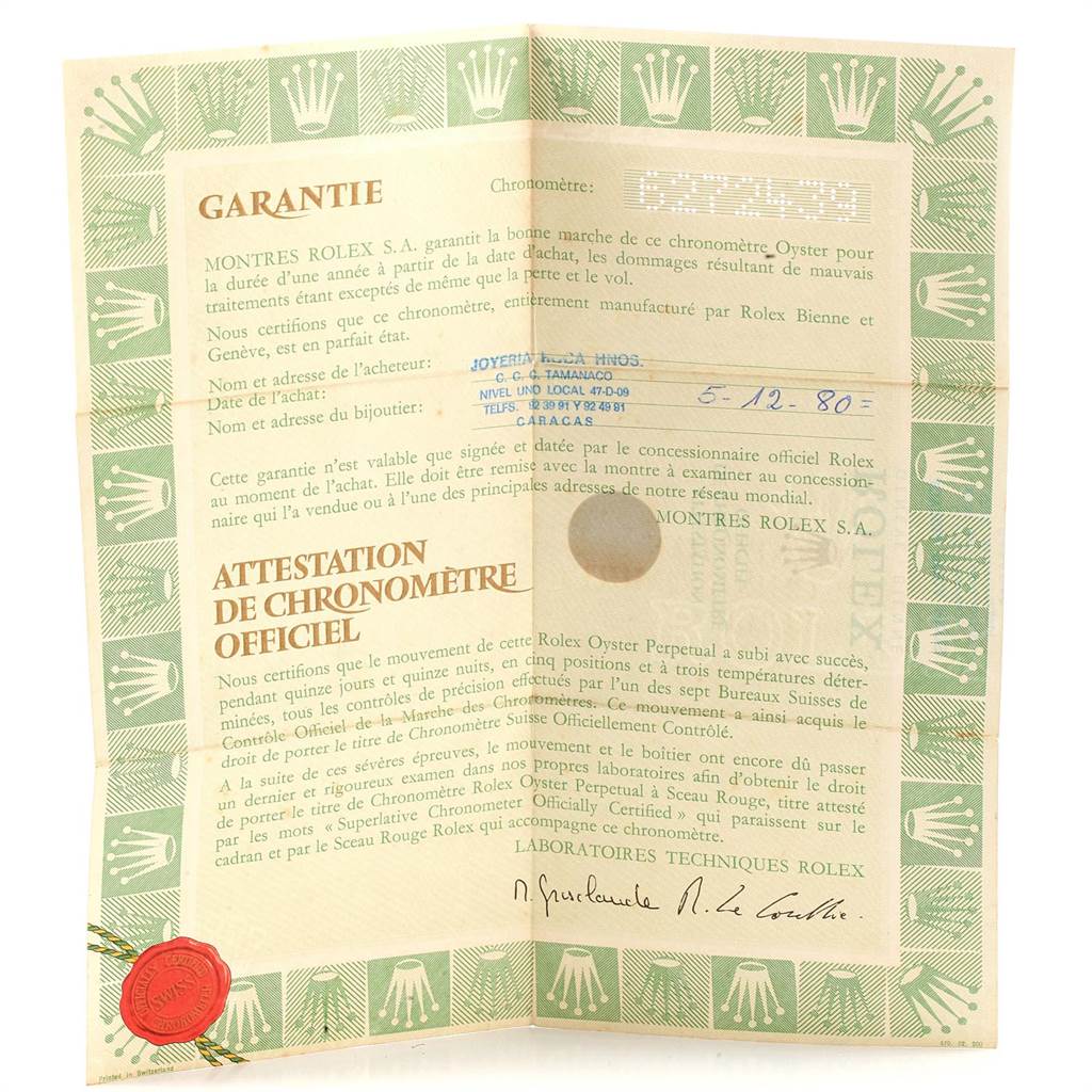 The image shows the warranty and official chronometer certificate for a Vintage Collection model by Rolex.