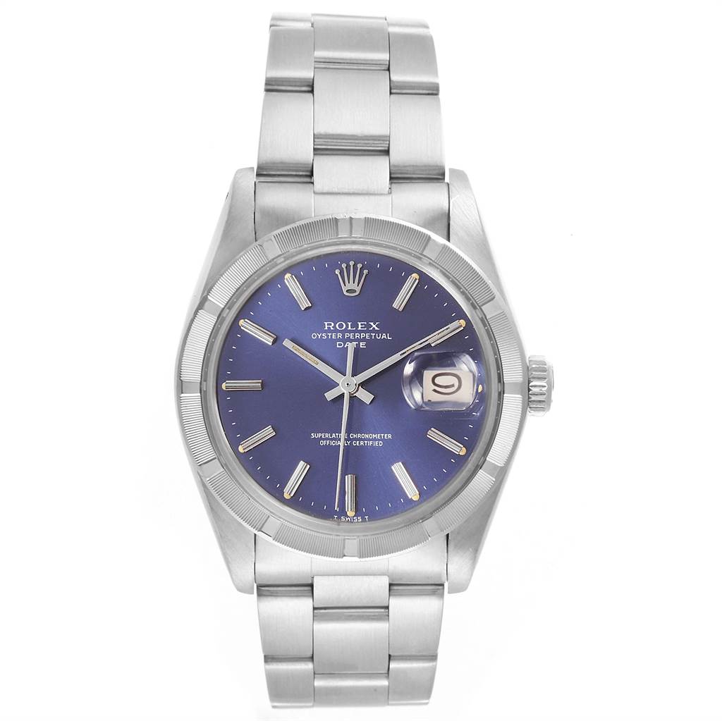 The image shows a front view of a Rolex Vintage Collection 1501 Men's Stainless Steel Blue Dial 1501 Men's Stainless Steel Blue Dial model with a blue dial, date display, and stainless steel bracelet.