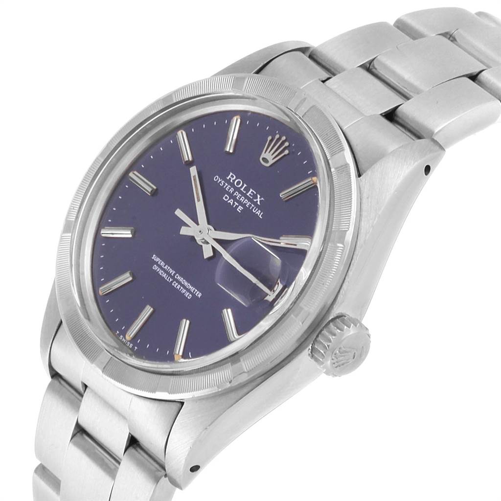 The image shows a side angle of the Rolex Vintage Collection 1501 Men's Stainless Steel Blue Dial 1501 Men's Stainless Steel Blue Dial Oyster Perpetual Date watch, highlighting the face, bezel, crown, and part of the bracelet.