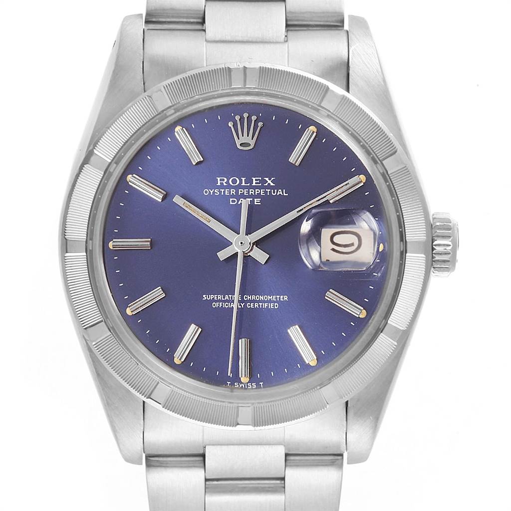 This image shows the front view of a Rolex Vintage Collection 1501 Men's Stainless Steel Blue Dial 1501 Men's Stainless Steel Blue Dial model, highlighting the blue dial, date window, and stainless steel bracelet.