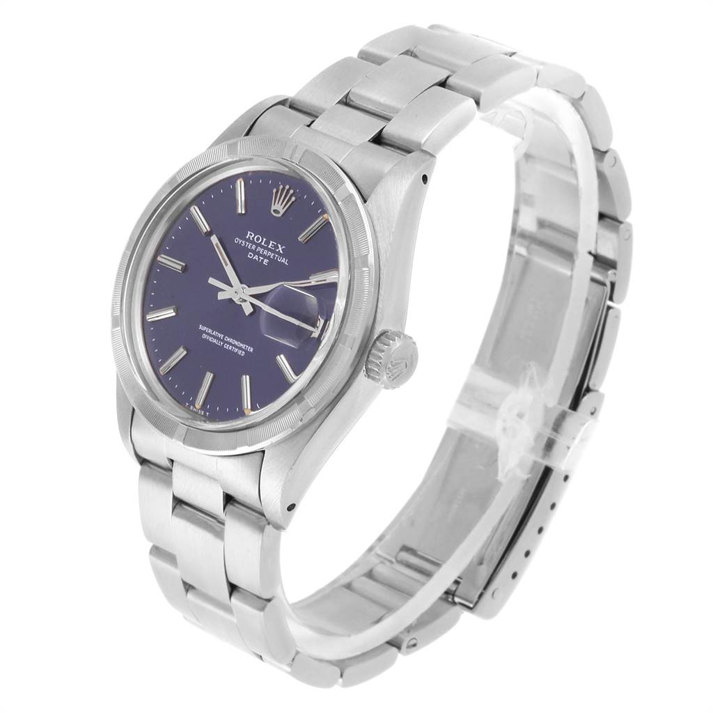 The Rolex Vintage Collection 1501 Men's Stainless Steel Blue Dial 1501 Men's Stainless Steel Blue Dial model watch is shown at a three-quarter angle, displaying its face, bezel, crown, and bracelet.