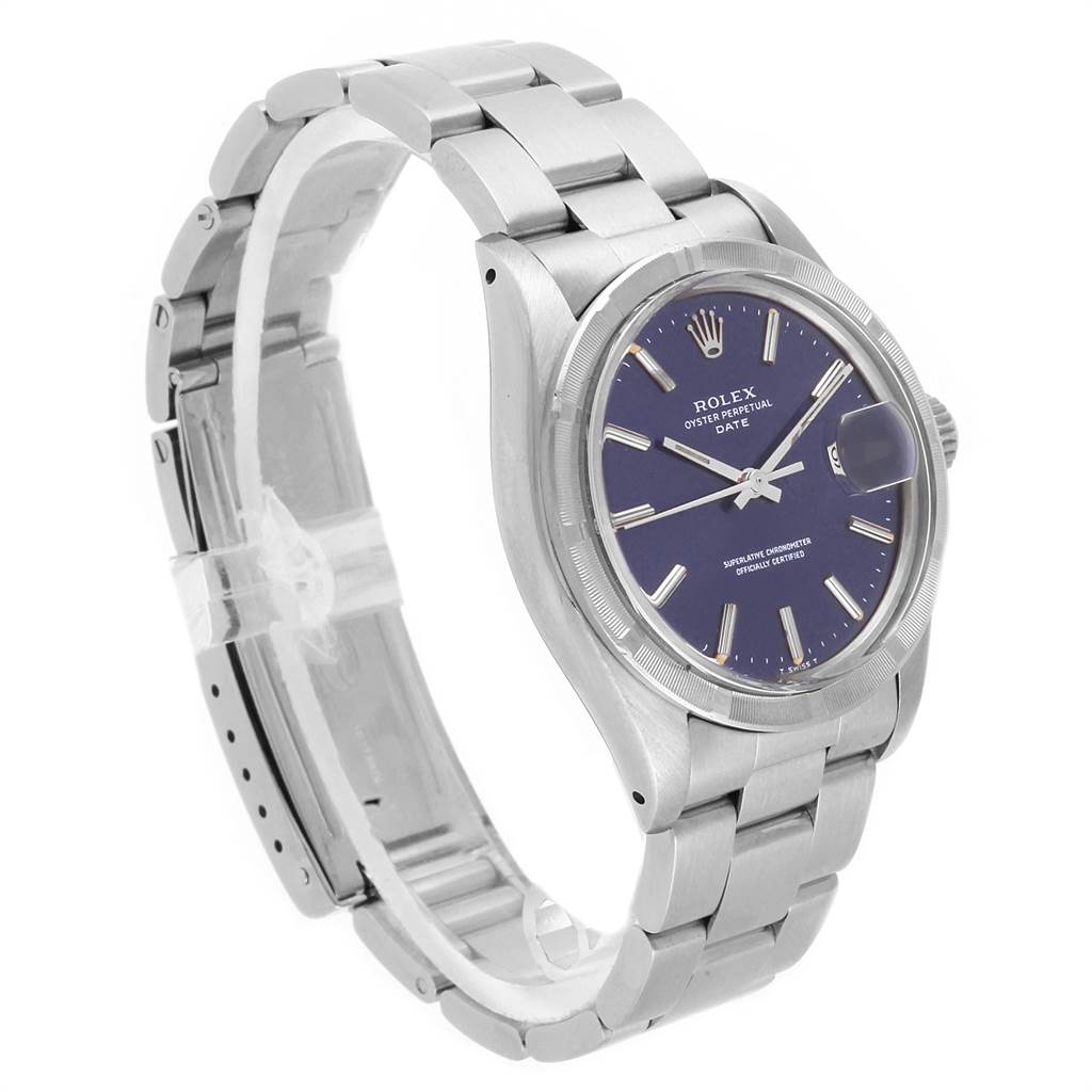 This image shows a Rolex Vintage Collection 1501 Men's Stainless Steel Blue Dial 1501 Men's Stainless Steel Blue Dial watch, offering a side angle view featuring its face, case, and bracelet.