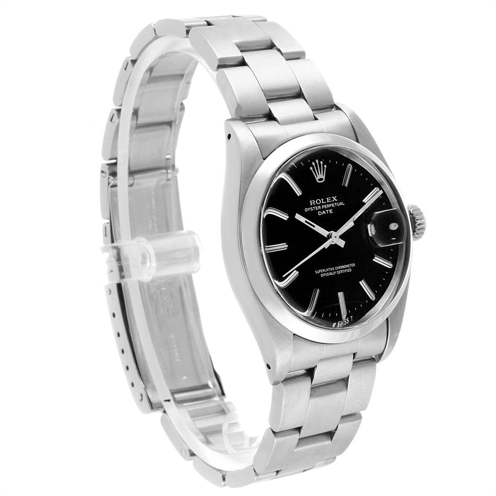 This image shows a Rolex Vintage Collection 1500 Men's Stainless Steel Black Dial 1500 Men's Stainless Steel Black Dial model watch from a side angle, highlighting the bracelet, bezel, and dial.