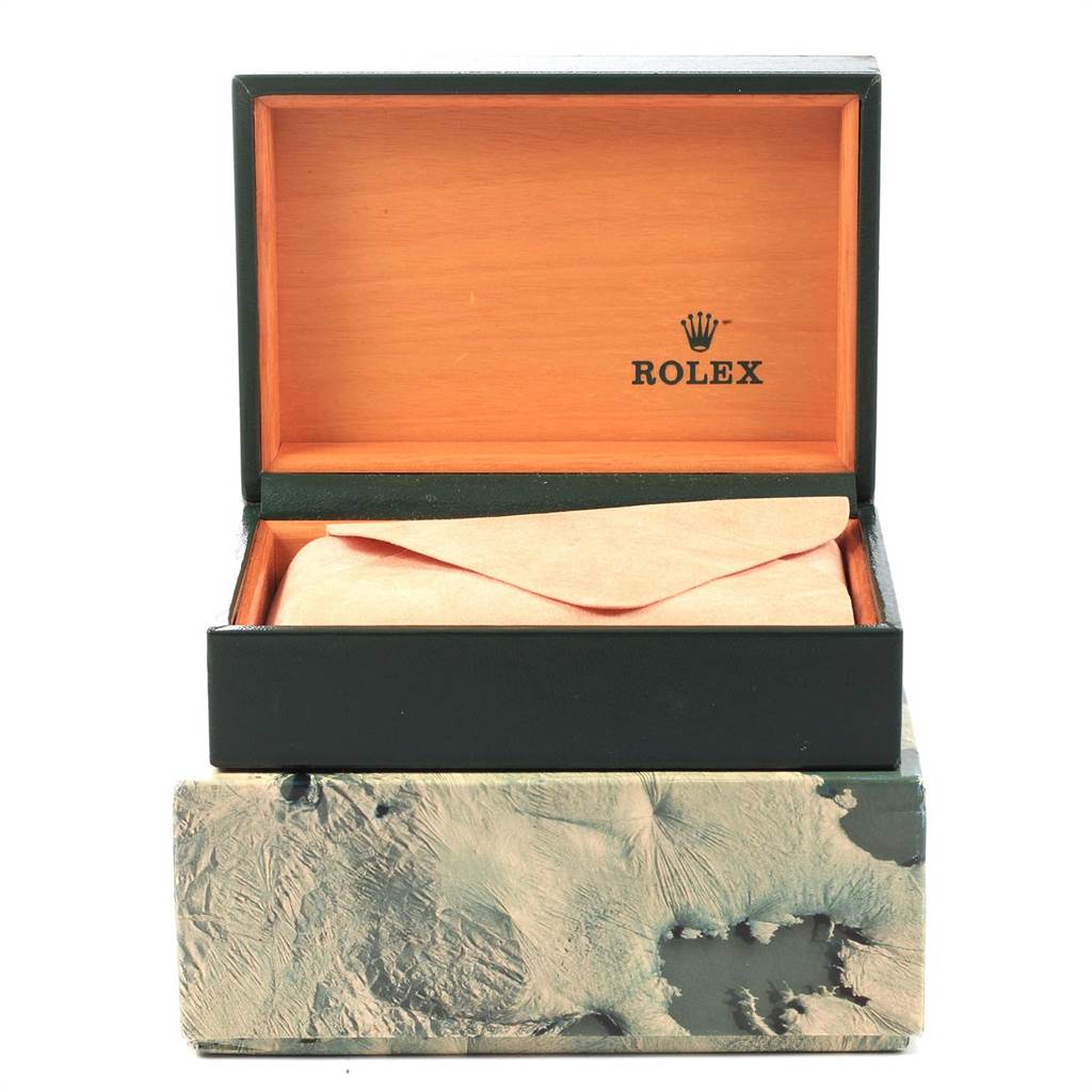 The image shows an open Rolex Vintage Collection 1500 Men's Stainless Steel Black Dial 1500 Men's Stainless Steel Black Dial watch box from a front angle, revealing the interior but not the watch itself.