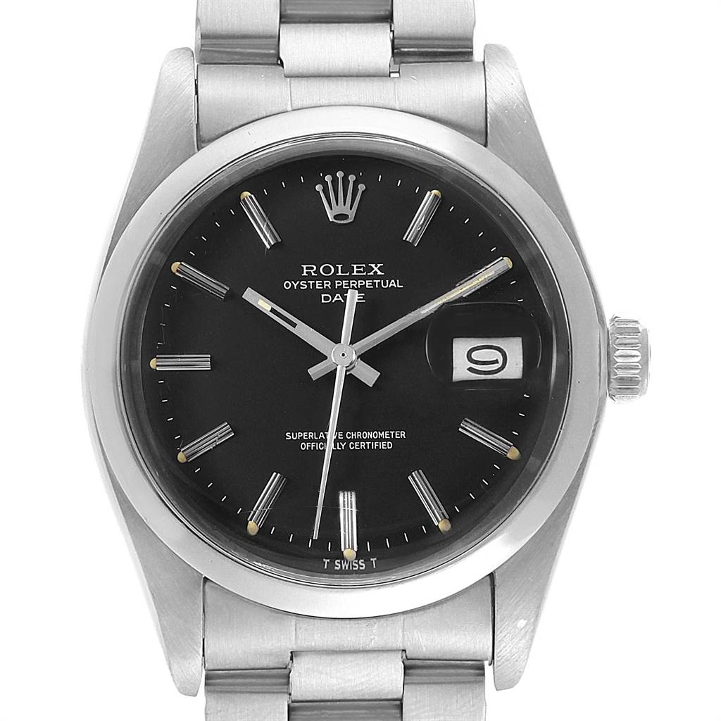 This image shows a front view of a Vintage Collection Rolex Oyster Perpetual Date, displaying its face, bezel, and bracelet.