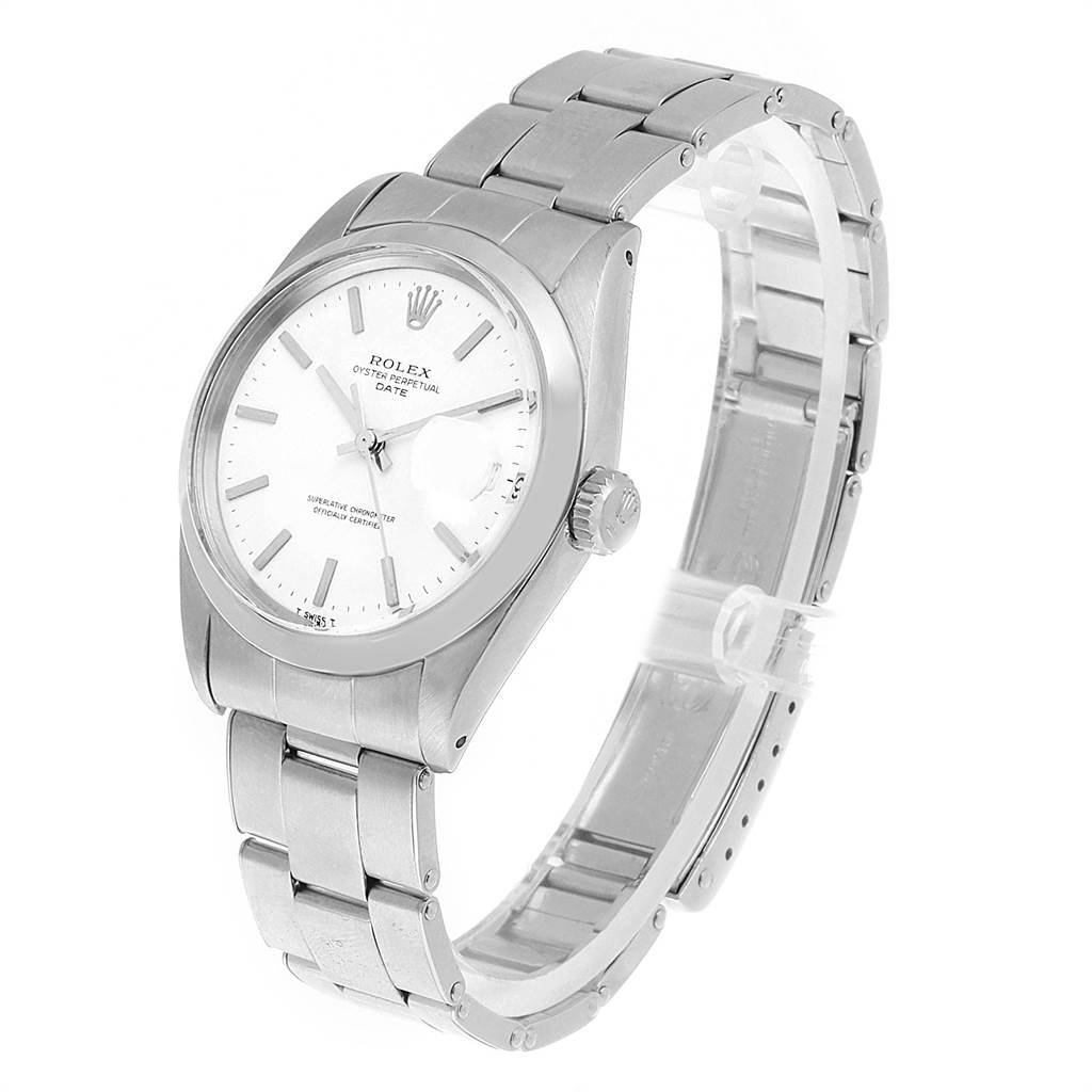 This image shows a Rolex Vintage Collection 1500 Men's Stainless Steel White Dial 1500 Men's Stainless Steel White Dial watch angled from the front and left side, highlighting the face, crown, and bracelet.