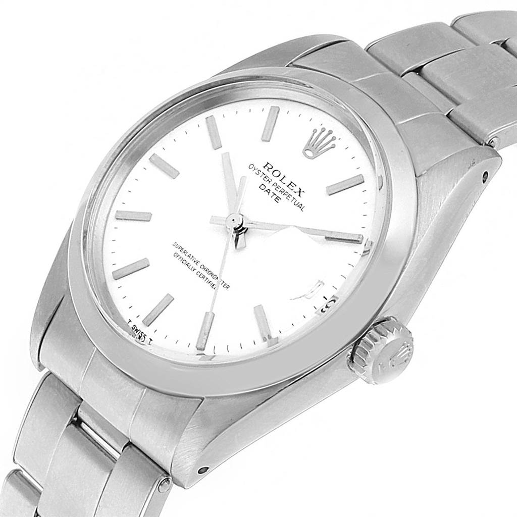 The image shows a close-up, angled view of the Rolex Vintage Collection 1500 Men's Stainless Steel White Dial 1500 Men's Stainless Steel White Dial watch, displaying the face, crown, and bracelet.