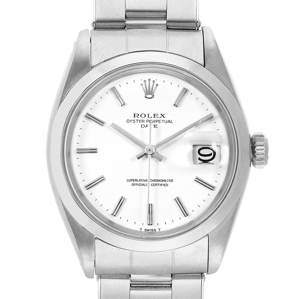 This image shows a front view of the Rolex Oyster Perpetual Date from the Vintage Collection, displaying its dial, hands, and bracelet.