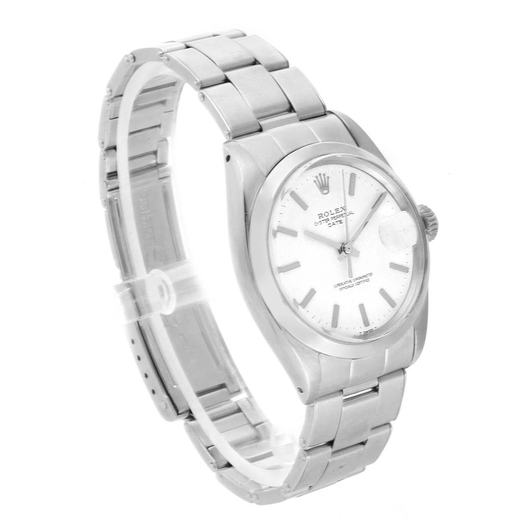 This image shows a Rolex Vintage Collection 1500 Men's Stainless Steel White Dial 1500 Men's Stainless Steel White Dial watch at a three-quarter angle, highlighting the face, bezel, bracelet, and crown.