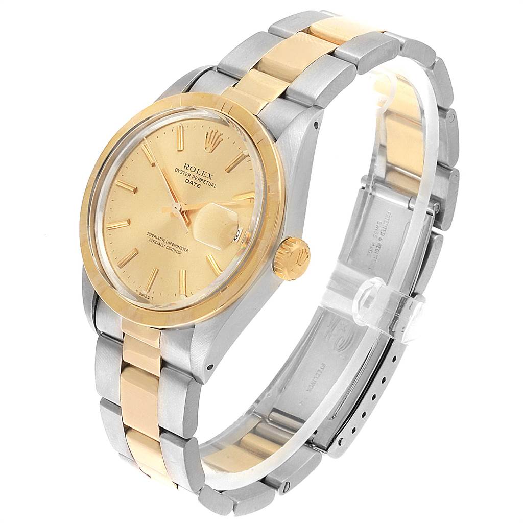 The image shows a Rolex Vintage Collection 1500 Men's Steel and Gold (two tone) Champagne Dial 1500 Men's Steel and Gold (two tone) Champagne Dial model watch from an angled side view, highlighting the face, bezel, crown, and bracelet.