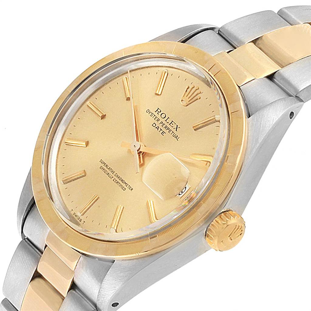 The image shows an angled view of a Rolex Vintage Collection 1500 Men's Steel and Gold (two tone) Champagne Dial 1500 Men's Steel and Gold (two tone) Champagne Dial Oyster Perpetual Date watch, highlighting its gold dial, bezel, and two-tone bracelet.