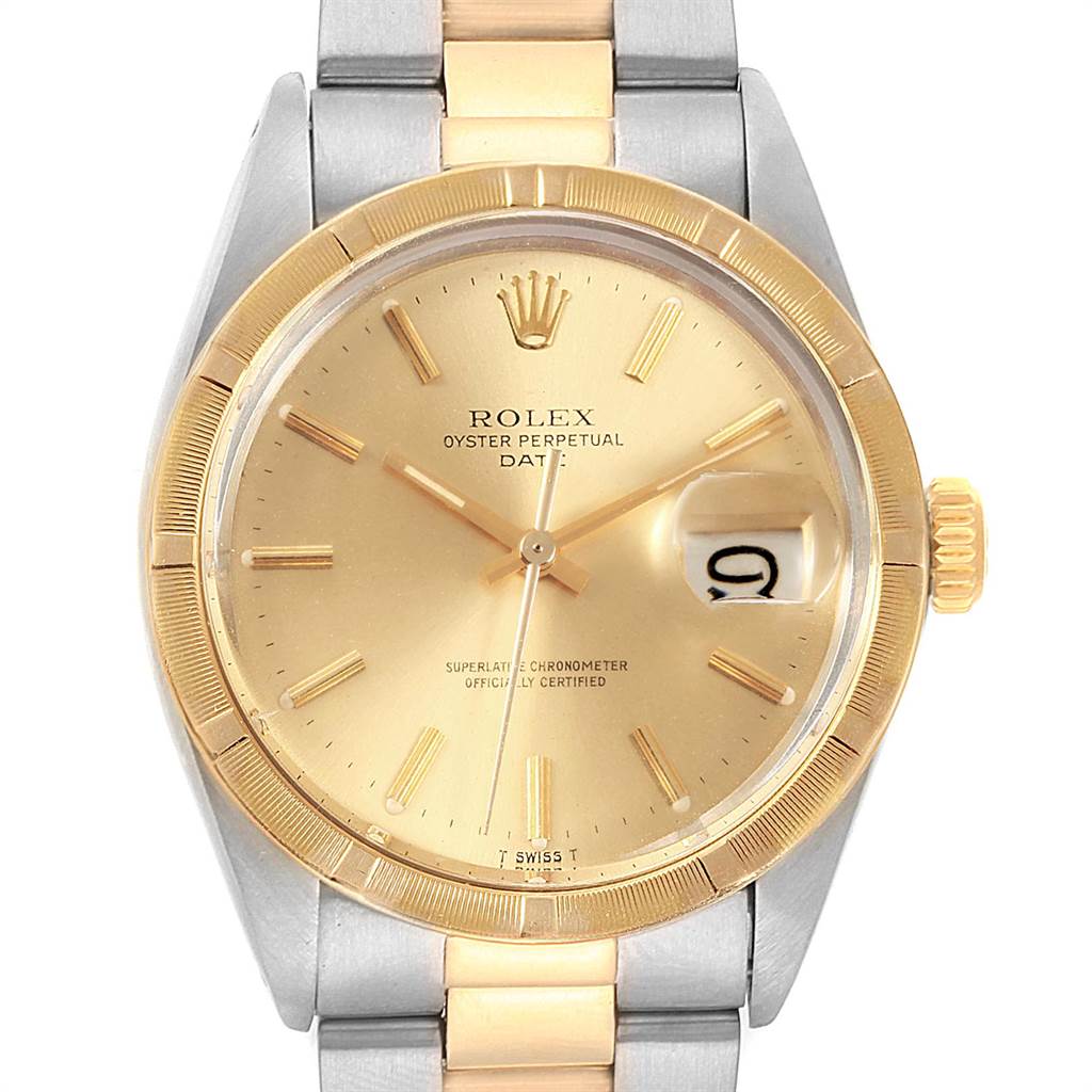 The image shows a front view of the Rolex Vintage Collection 1500 Men's Steel and Gold (two tone) Champagne Dial 1500 Men's Steel and Gold (two tone) Champagne Dial watch, displaying its face, bezel, and part of the bracelet.