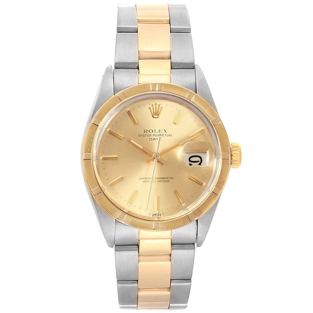 This image shows the front view of a Vintage Collection model Rolex watch, featuring a two-tone bracelet and gold dial.