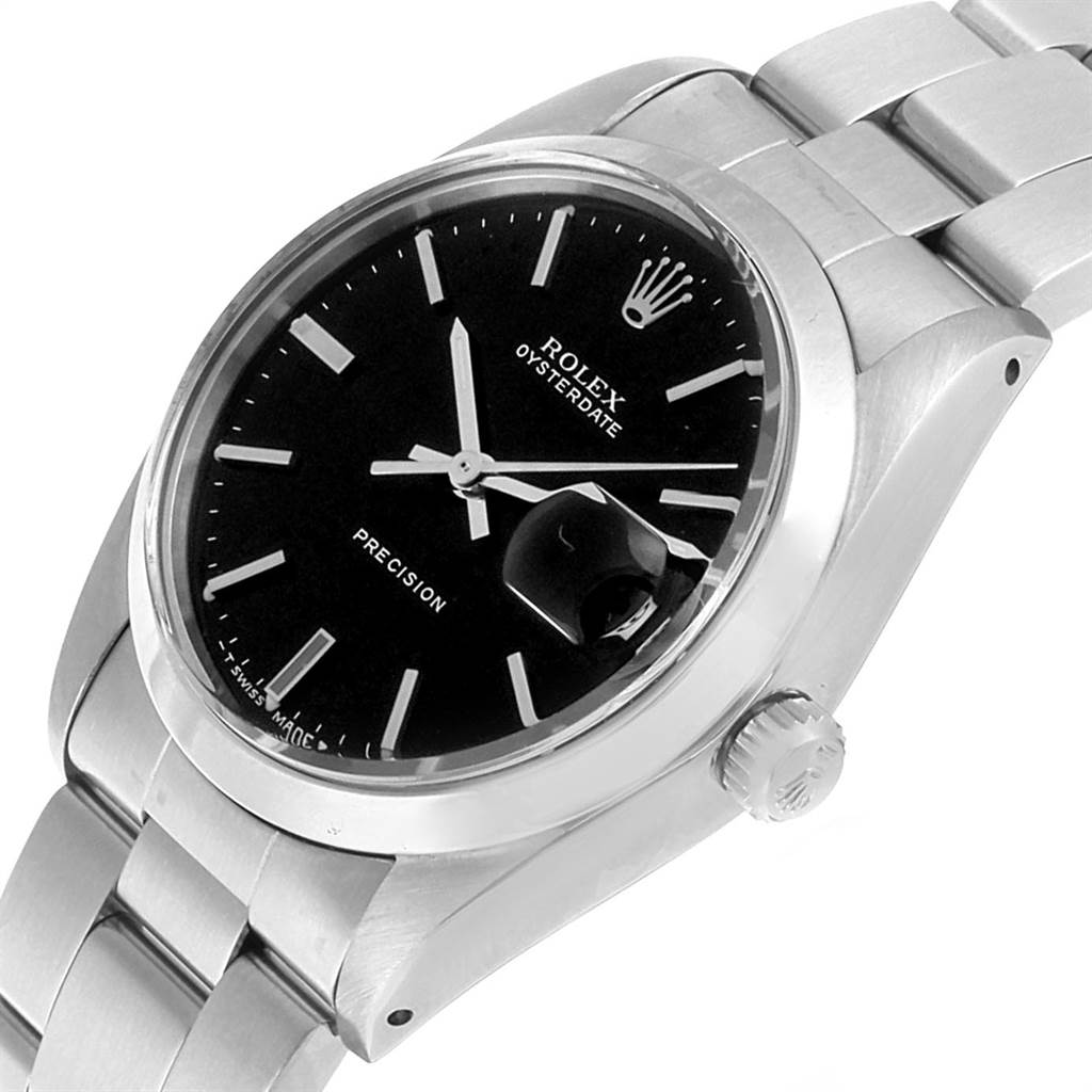 This image shows a close-up angled view of the Rolex Vintage Collection 6694 Men's Stainless Steel Black Dial 6694 Men's Stainless Steel Black Dial Oysterdate watch, displaying its dial and stainless steel bracelet.