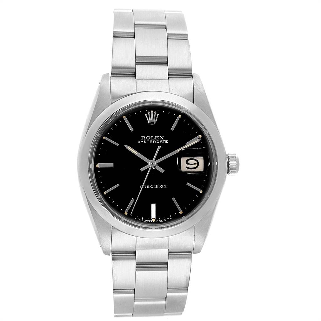 The image shows a front view of the Rolex Vintage Collection 6694 Men's Stainless Steel Black Dial 6694 Men's Stainless Steel Black Dial Oysterdate Precision watch, highlighting the face, bezel, crown, and bracelet.