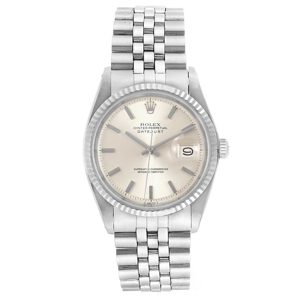 This image shows a front view of the Vintage Collection Rolex Oyster Perpetual Datejust, highlighting its dial, hands, and bracelet.