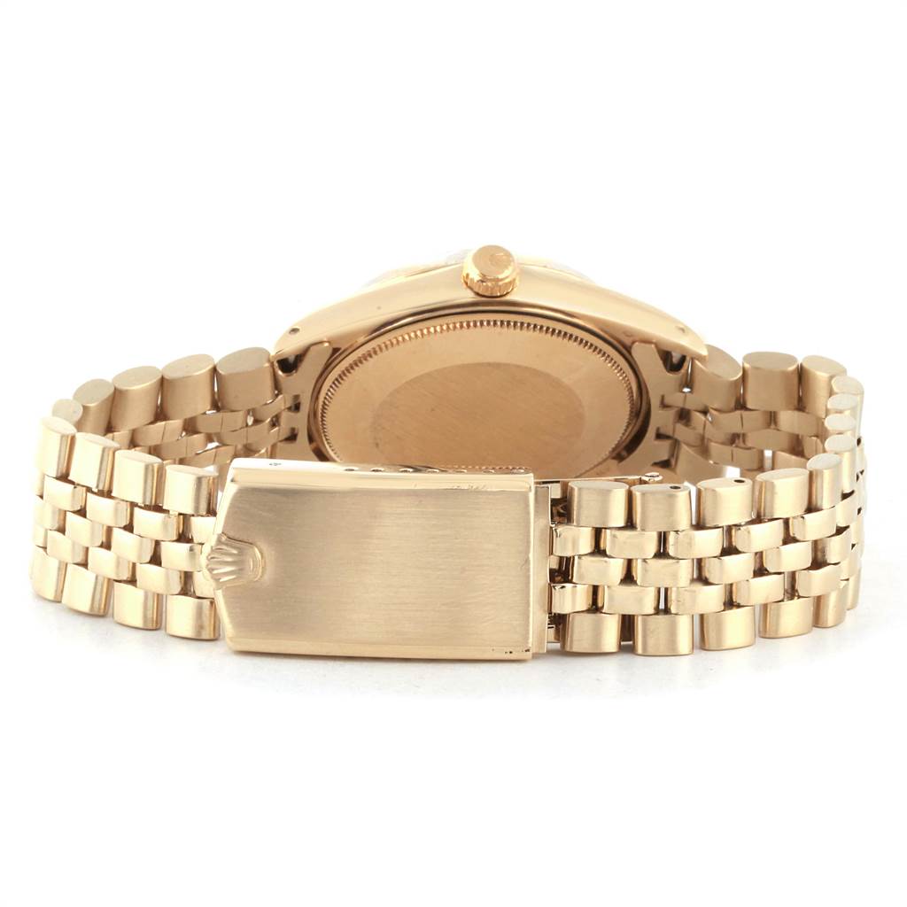 The image shows the back view of the Rolex Vintage Collection 1503 Men's Yellow Gold Champagne Dial 1503 Men's Yellow Gold Champagne Dial watch, highlighting the caseback and bracelet with clasp.